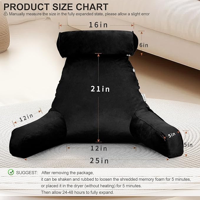 mittaGonG Reading Pillow for Sitting in Bed Adult with Detachable Neck Roll & Big Backrest Pillow for Bed Sitting up with Arms Side Pocket Shredded Foam Large Back Chair Pillow with Washable Cover