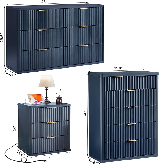 LEYAOYAO Fluted Dressers & Nightstand Set of 3, Wood 48" Wide Dresser & 42" Tall Chest of Drawers,Modern Bedroom Furniture Sets, Navy Blue Wooden Nightstand with 3 Drawers & Charging Station