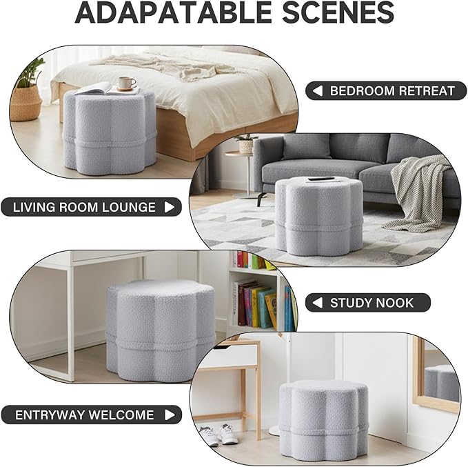 Tiita Floral Pouf Ottoman, Foot Stools Ottoman with Foam Chunk Filling, Puff Foot Rest for Couch, Living Room, Kids Room, Grey