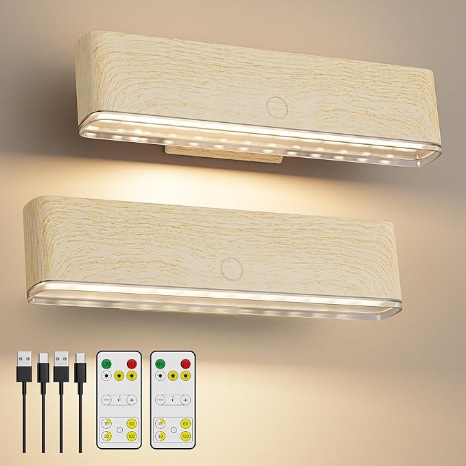 MOITA Magnetic Wireless Battery Operated Wall Sconce, Rechargeable Remote Control & Touch Control Wall Sconces Set of Two, 3-Color Temperatures LED Wall Lights, 360° Rotatable (Beech, 2-Pack)
