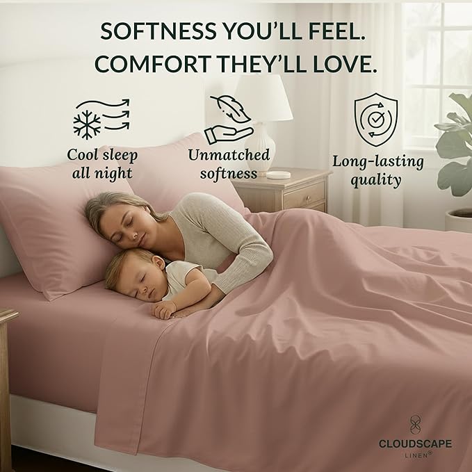 Cloud Scape Linen 100% Egyptian Cotton Sheets Full Size, 4 Pieces Luxury Bedding Set, 400 Thread Count,Hotel Quality, Silky Soft, Deep Pockets up to 17, Sepia Rose