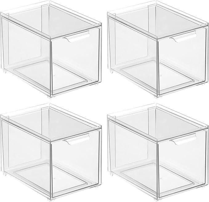 mDesign Shoe Storage Box with Drawer – Sturdy Plastic Storage Box for Shoes – Stackable Drawer Box for Shoes, Accessories and More – Pack of 4 – Clear