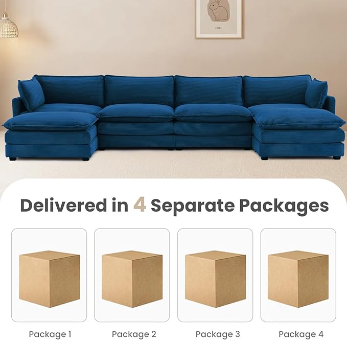 148'' Sectional Modular Cloud Couch, Oversized U Shaped 4 Seat Sofa with 2 Movable Ottomans, 2 Throw Pillows, Upholstered Corduroy U Shape Comfy Deep Couches for Living Room and Office, Blue