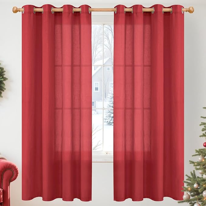 YoungsTex Red Linen Semi Sheer Curtains 72 Inch Length for Living Room, Light Filtering Window Drapes with Grommet Privacy Christmas Decor for Dining Bedroom, 2 Panels, 52 X 72 Inch