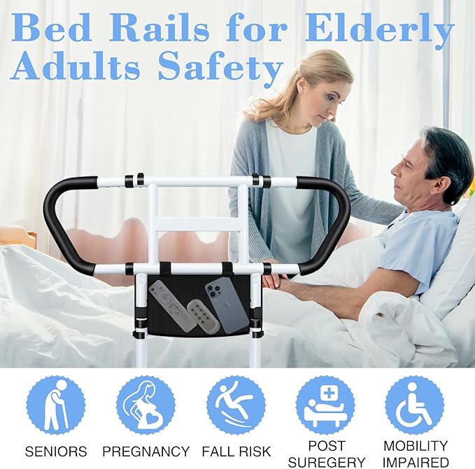 easymake Bed Rails for Elderly Adults Safety: Adjustable Bedside Assist Rails with Storage Pockets, Non-Slip Handles, Items for Elderly Bed Rail, 400LB Gravity Capacity