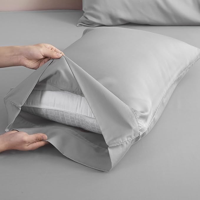 Linen World Lyocell Cooling Bed Sheets Set Queen Size,100% Organically Grown Viscose Sheets,Deep Pocket Up to 16",4 Pieces Silky Soft,Breathable Bedding Sheets & Pillowcases(Light Gray,Queen)