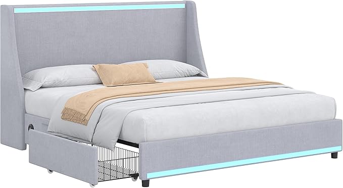 VECELO Full Size Bed Frame with Storage Drawers, Upholstered Platform Bedframe with Wingback Headboard, No Box Spring Needed, Classic Grey