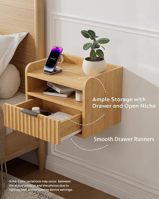 Fluted Floating Nightstand Set of 2, Wall Mounted Bedside Table with Storage Drawer and Open Shelf, Night Stand with Charging Station for Living Room, Bedroom, Dorm, Natural Oak