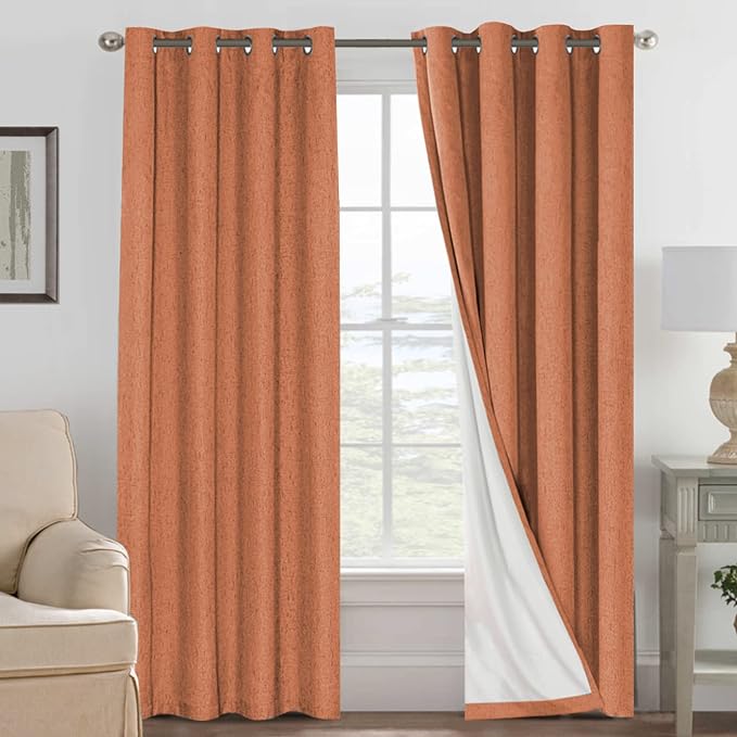 H.VERSAILTEX 100% Blackout Curtains for Bedroom Thermal Insulated Linen Textured Curtains Heat and Full Light Blocking Drapes Living Room Curtains 2 Panel Sets, Orange, 52x96 Inch