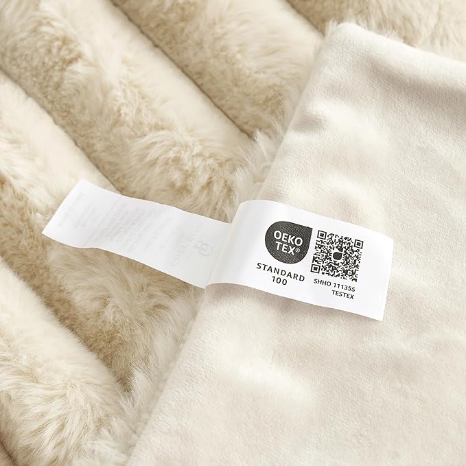 Cozy Bliss Faux Fur Throw Blanket for Couch, Cozy Warm Plush Striped Blanket for Sofa Bedroom Living Room, 108 * 90 Inches Beige