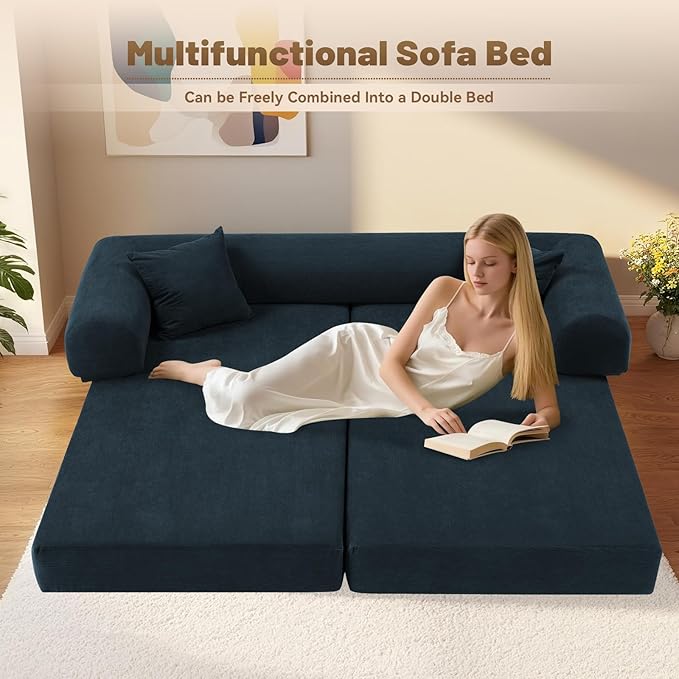 Convertible Futon Sofa Bed,80" Folding Pull Out Couch with Pillows & Storage Pocket, Oversized Queen Sleeper Sofa in a Box,Corduroy Boneless Couch for Living Room,Navy Blue