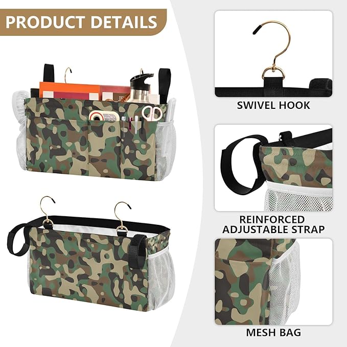 Bedside Caddy Hanging Bunk Bed Caddy Bed Organizer Hanging Pocket with 2 Hooks Bedside Storage Organizer Pocket Bag Holder Camouflage Green