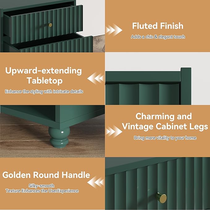 Modern Nightstand Set of 2, Fluted End Table with Open Shelf, Night Stand with 2 Drawers for Bedroom (Green)
