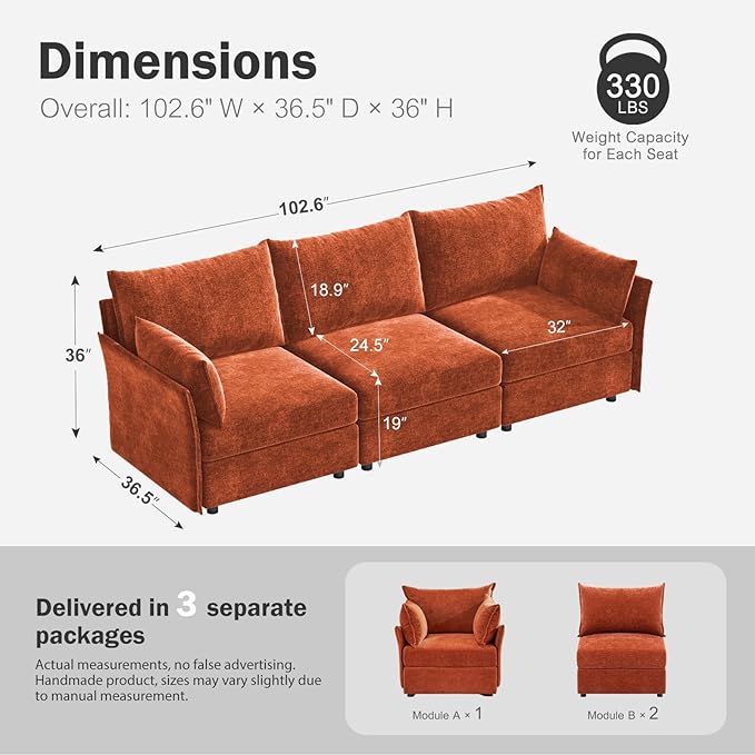 ABCASA 102.6" Modular Sectional Sofa, Oversized 3-Seater Terracotta Orange Couch with Removable Chenille Fabric Cover, Deep Seat & High Backrest for Living Room, Office & Apartment