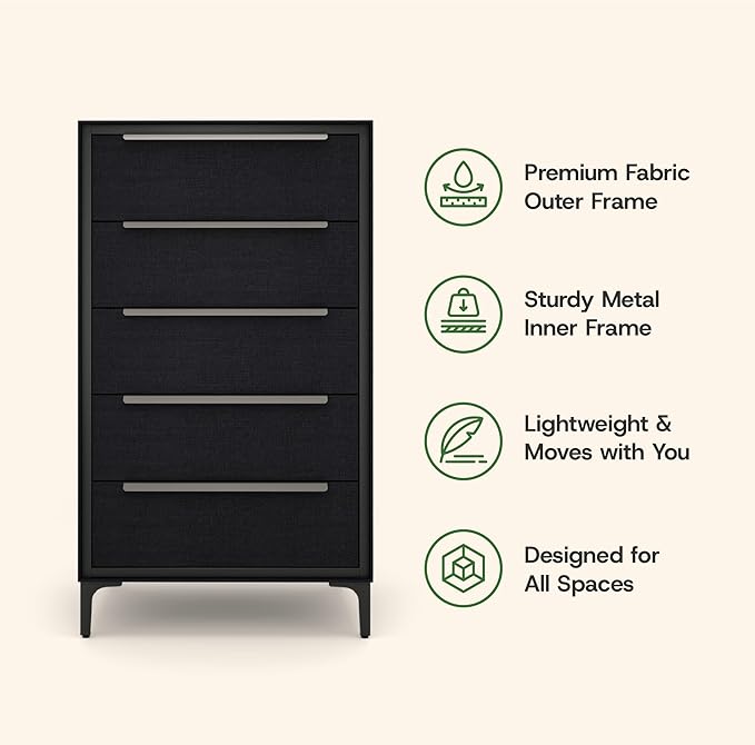 tinge Naima Premium Fabric Dresser - Strong Metal Frame, 5 Spacious Sag-Proof Drawers with Sleek Metal Handles - Premium & Durable Storage Solution for Your Home (Black)