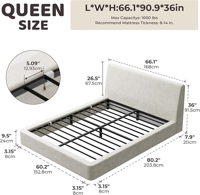 RECCI Cloud Queen Bed Frame with Ergonomic Angled Foam Cushioned Headboard, Minimalist Design Platform Bed Frame, No Box Spring Needed, Easy Assembly (Beige)