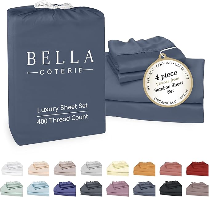 Bella Coterie Luxury Bamboo Viscose King Size Sheet Set | 100% Organically Grown | Ultra Soft | Cooling for Hot Sleepers | 18" Deep Pocket [Slate Blue]