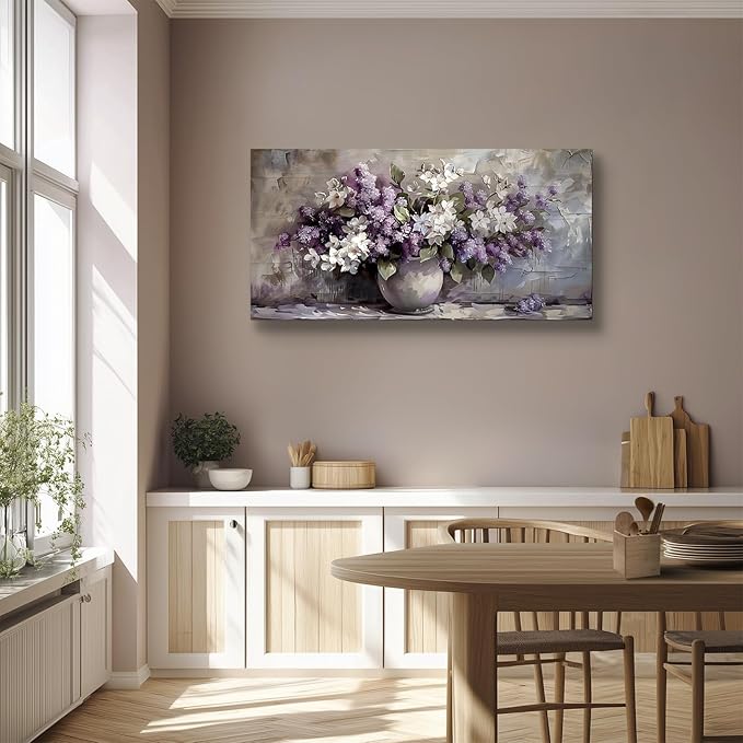 SERIMINO Large Wall Art for Living Room, Still Life Flowers Canvas Prints, Purple Floral Botanical Decor Paintings, Modern Aesthetic Pictures Wall Decor, Farmhouse Kitchen Artwork 24"X48"
