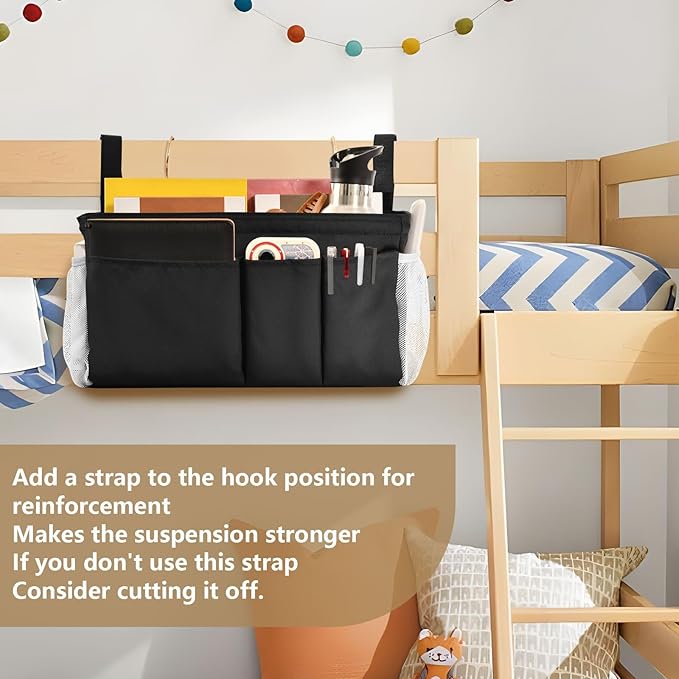 KOPIRIT Black Bedside Caddy Storage Bag Bedside Organizer for Bed Rails College Dorm Room Organizer Caddy Hanging Shelf 6 Pockets with Hooks for Drinks Magazine Phone Holder