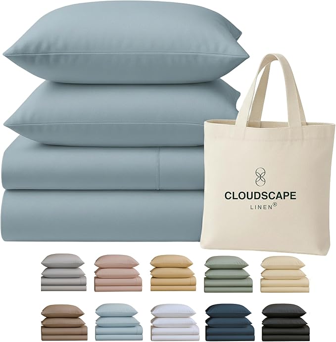 Cloud Scape Linen 100% Egyptian Cotton Sheets Full Size, 4 Pieces Luxury Bedding Set, 400 Thread Count,Hotel Quality, Silky Soft, Deep Pockets up to 17, French Blue