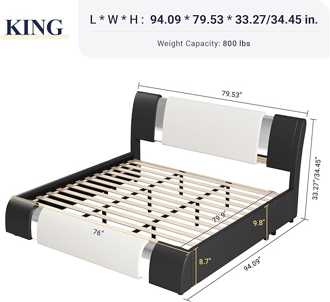 Allewie King Size Bed Frame with Iron Piece Decor, Faux Leather Upholstered Platform Bed with Curved Adjustable Headboard, Wooden Slats Support, No Box Spring Needed, Modern Black and White