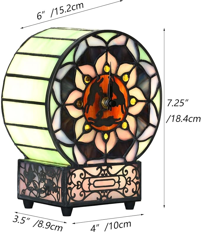 Bieye L12017 Tiffany Style Stained Glass Desk Clock Table Lamp with Lotus Flower Design (Three Hares)