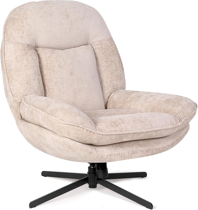 1 Pack 360°Free Swivel Accent Chair for Living Room, Slightly 20°Rocking, 24" High Backrest Upholstered Armchair, Ergonomic Design, Chenille Breathable Soft Fabric Modern Single Sofa, Beige