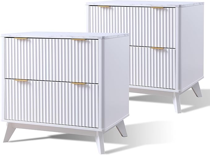 T4TREAM Fluted Night Stand Set 2, 30" Tall Bedside Table with 2 Drawers & Large Tabletop, Modern Wood Side Tables Bedroom, End Table for Living Room, White