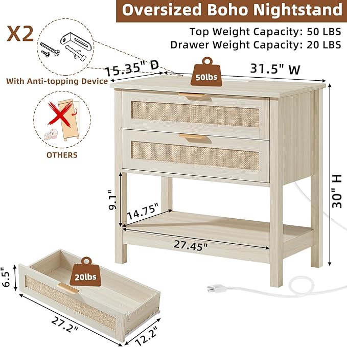LEYAOYAO 31.5" Wide Rattan Night Stand with Charger Station, Oversized Large Boho Nightstand with 2 Drawer, Grey White Bed Side End Tables, Tall Bedside Table for Bedroom Living Room, Hallway