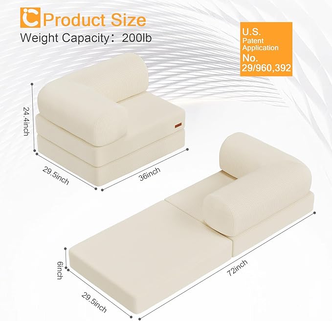 COMAX Folding Sofa Bed, Fold Out Chair, Foldable Sofa, Convertible Sleeper Chair for Adults, Futon Single Small Floor Couch for Spaces, Bedroom Living Room Guest Room, Beige