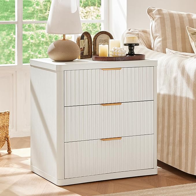 LEYAOYAO Fluted Dresser and 3 Drawers Nightstand Set of 2, Wood 48" Wide Dresser & 23" Night Stand with Charging Station, 3 Piece Bedroom Furniture Set, Chest of Drawers for Living Room,Antique White