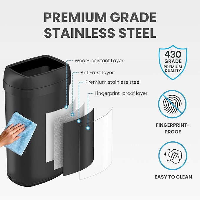 iTouchless 16 Gallon / 61 Liter Open Top Kitchen Trash Can & Recycle Bin, Matte Black Stainless Steel Commercial Grade Garbage Bin with Dual Odor Filters for Office, Garage, Restaurant, and Home