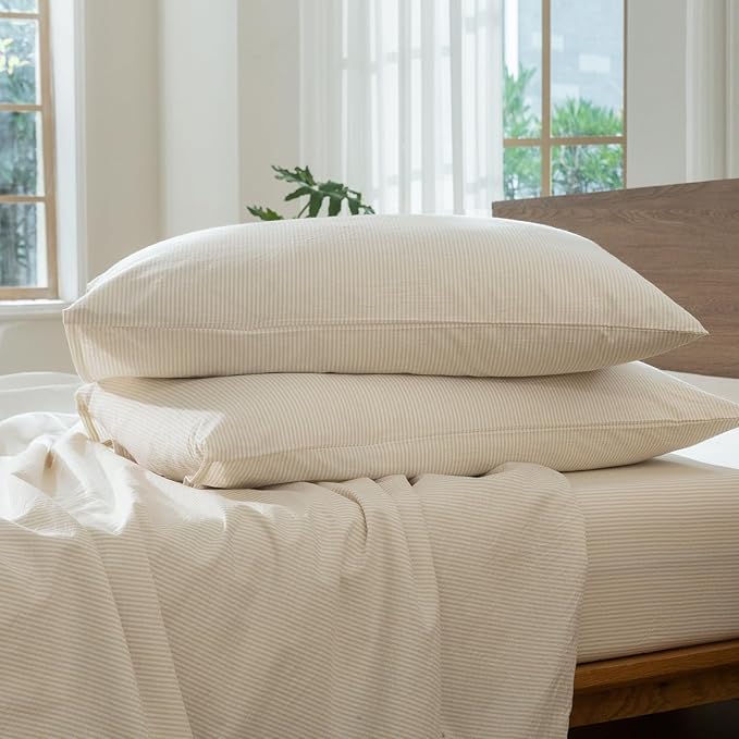MooMee Striped Duvet Cover Set 100% Washed Cotton Linen Like Textured Breathable Durable Soft Comfy (Almond Milk Grey Pinstripes, Oversized Full 82"x86")