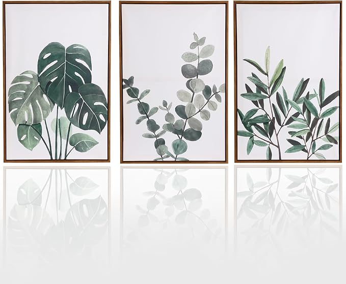 Sage Green Boho Framed Wall Art,16x24x1.38in 3Pcs, Neutral Botanical Canvas Prints, Monstera, Eucalyptus & Olive Leaf Decor, Floating Frames Included, Minimalist Art for Living Room, Bedroom