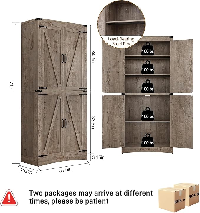 71" Tall Kitchen Pantry,Farmhouse Storage Cabinet with Adjustable Shelves,Load-Bearing Steel Pipe,Farmhouse Pantry Cabinet with 4 Barn Doors,for Kitchen,Dining Room,Living Room(Light Rustic Oak)