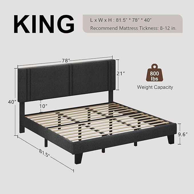 Upholstered King Size Bed Frame with Linen Fabric Headboard, Strong Wooden Slats Support, Noise Free, No Box Spring Needed, Dark Grey