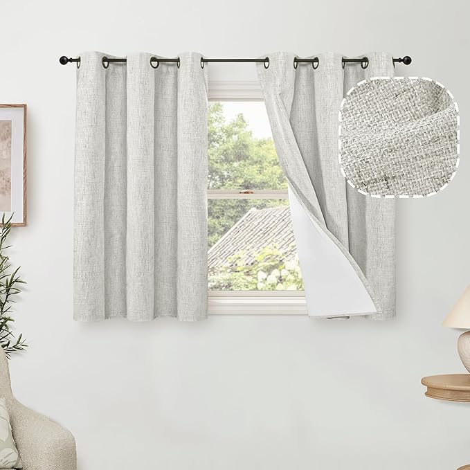 40 Inch Length Linen Blackout Curtains for Short Cafe Window, Thermal Insulated Light Blocking Soundproof Privacy Burlap Curtains 2 Panels, Each 38 Inch Wide Light Grey