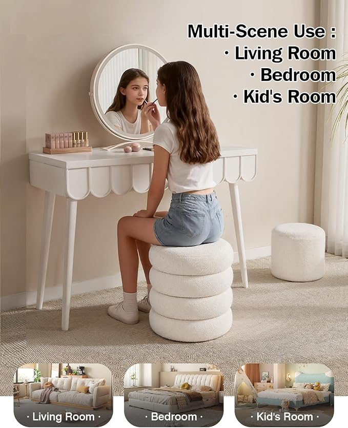 Round Set of 2 Sherpa Storage Ottoman Stool Boucle Vanity Stool Footstool with Removeable lid Load up to 440 lbs for Livingroom Bedroom White UASND68W