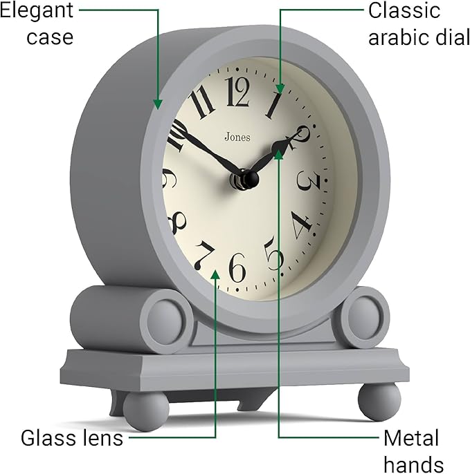 JONES CLOCKS® Maida Vale Mantel Clock | Small Traditional Desk Clock | Gray | Pretty & Charming Ideal for Mantelpiece, Bookshelf or Bedside