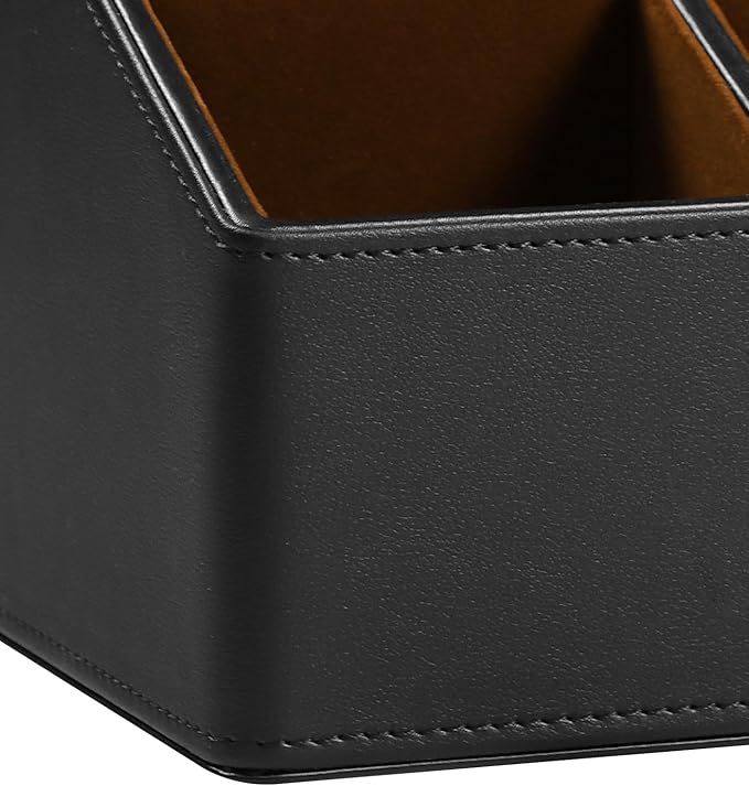 MEIBOOCH PU Leather Desk Organizer, Luxury Remote Control Holder for Home, Office Desk Accessories Table Caddy Bedside Nightstand Organizer (Black)