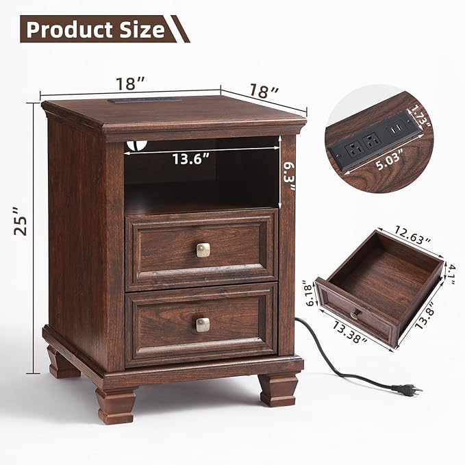 SAVOR LIFE Farmhouse Nightstand with Charging Station, Rustic Brown Nightstand, 2 Drawers End Table, Bedside Table with Open Shelf for Bedroom, Walnut