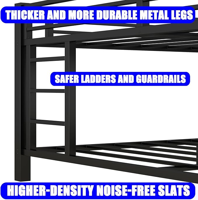 Upgraded Version Thickened Metal Heavy-Duty Queen Over Queen Bunk Bed, Best Modern Style Stronger Queen Size Bunk Bed Frame with Ladder for Adults, Easy Assembly (Queen Over Queen)