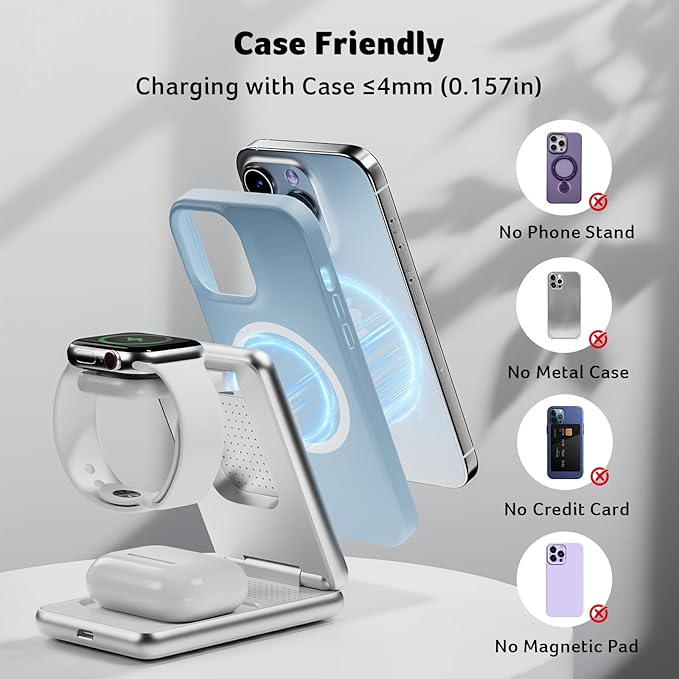 Acer 3 in 1 Charging Station for iPhone, Wireless Charger Stand,15W Fast MagSafe Charger for iPhone 17 16 15 14 13 12 Series-Apple Watch 10 9 8 7 6 5 4 3 2 SE and Ultra Series-Airpods 4 3 2 Pro Series