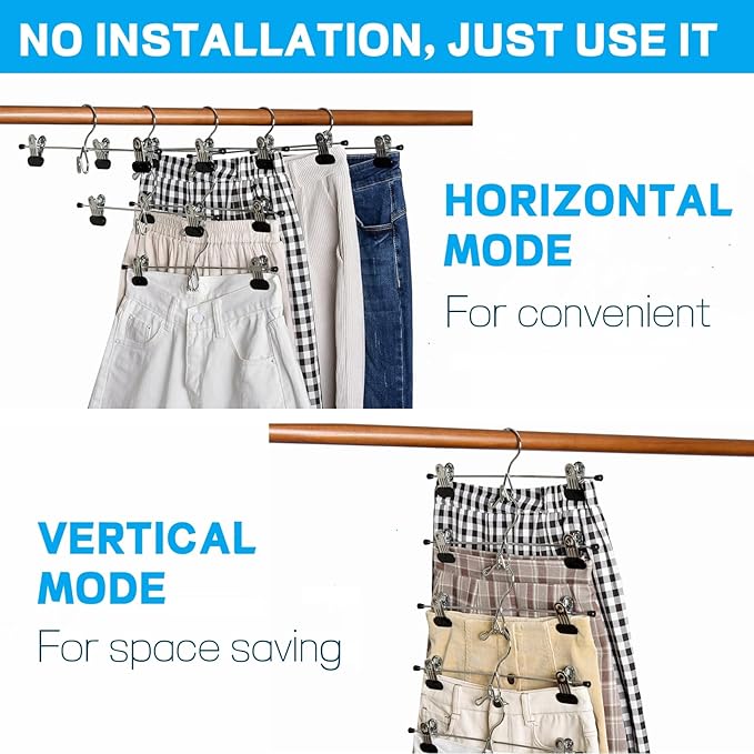 Amber Home 12 Pack Heavy Duty Add on Metal Pants Skirt Hangers, Stackable Add-on Metal Clothes Hangers with 2-Adjustable Clips, Cascading Clip Hangers Space Saving for Jeans, Slacks