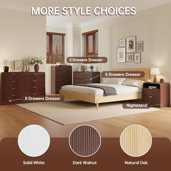 FURSUN 24" Fluted Nightstand Set of 2 with Charging Station, Wooden End Table with 2 Drawers Storage, Curved Profile Design, Modern Bedside Cabinet for Bedroom, Walnut