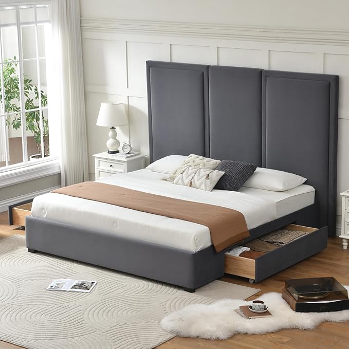 YUHUASHI King Size Bed Frame with 64-inch High Headboard, Simple and Airy Linen Upholstered Platform Bed with Storage Drawers, Wood Slat, No Noise (Grey, King (U.S. Standard))