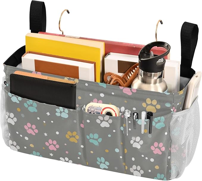 Bedside Caddy Hanging Bunk Bed Caddy Bed Organizer Hanging Pocket with 2 Hooks Bedside Storage Organizer Pocket Bag Holder Paw Print Dots Stars Grey