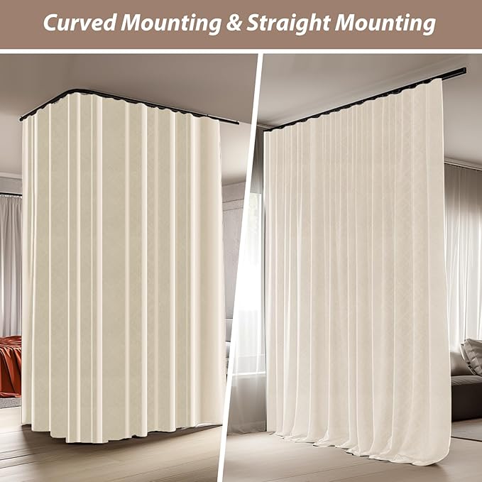 Room Divider Curtains with Ceiling Curtain Track Set Window Curtain for Bedroom,Living Room Total Blackout Thermal Insulated Privacy Ceiling Track Curtain W 12 × H 9 FT Beige drape&Black track