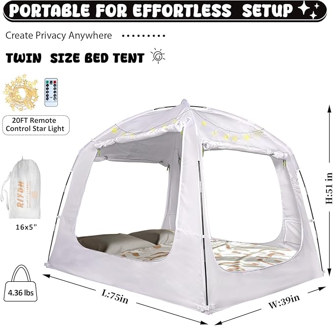Bed Tent Bed Canopy Twin Size for Kid and Adults 100% Breathable Tents 4 Doors 80% Blackout - Indoor Portable Sleeping Tents Privacy Large Space with String Light
