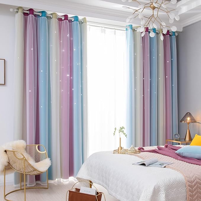 Star Curtains, Kids Curtains, Room Curtains for Bedroom, Living Room Curtains, Light Blocking Curtains, Nursery Curtains, Kawaii Curtains, Curtains 96 Inch Length 2 Panels, 52 X 96 Inches